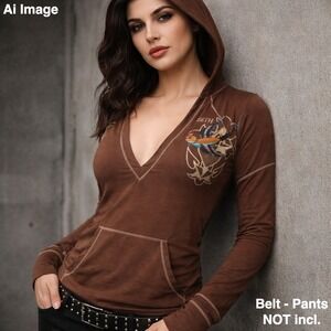 Ed Hardy DETH Brown Hooded V Neck Women Lg. Tattoo Swallow Y2K Gothic Grunge VTG